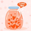 Valentine`s day greeting card. Glass jar full of hearts with inscription Ã¢â¬ÅI love youÃ¢â¬Â.